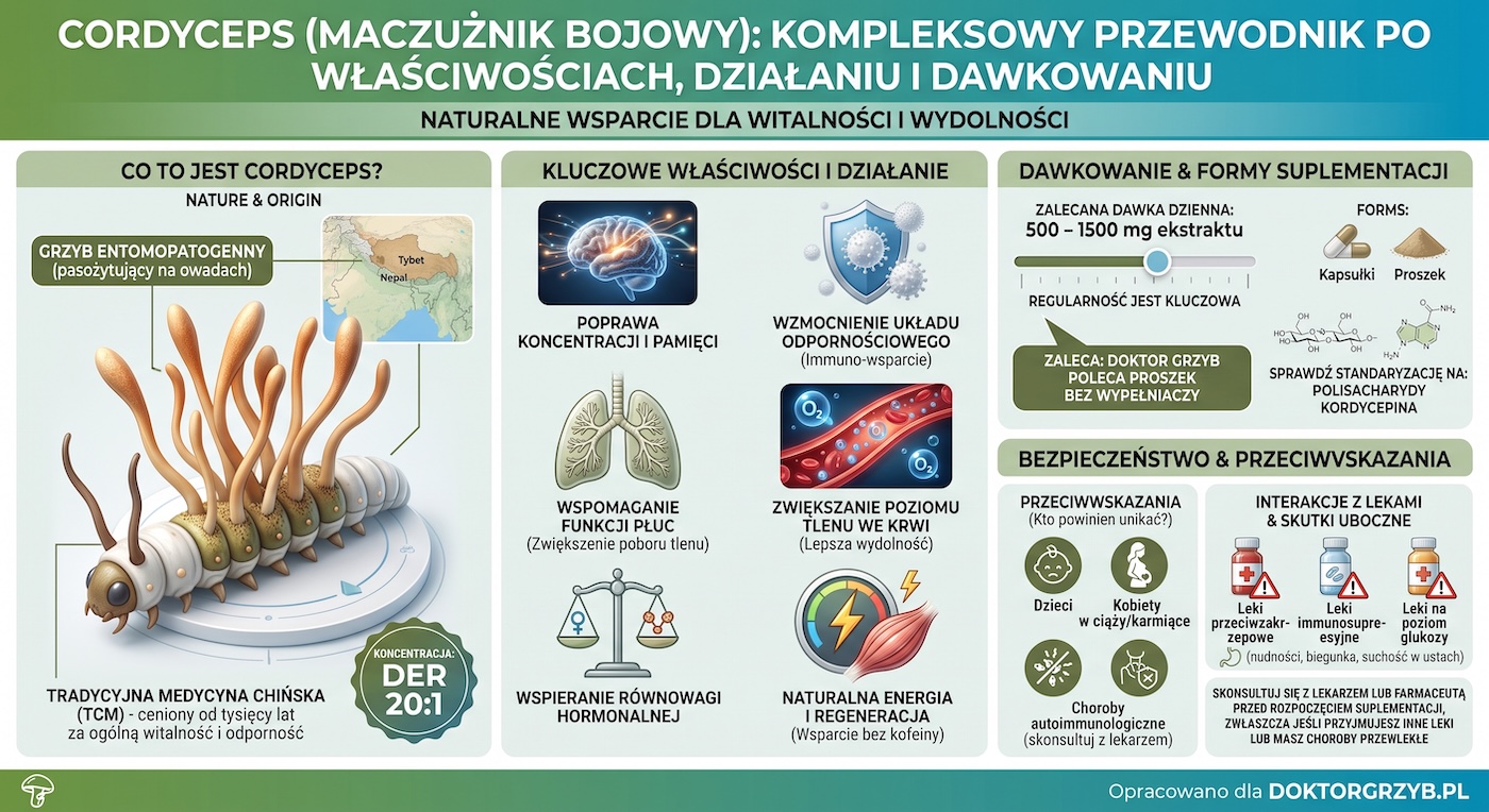 cordyceps - infografika - pochodzenie, stosowanie, dawkowanie